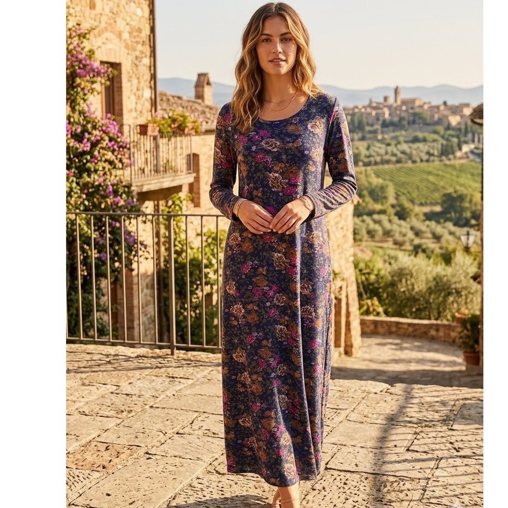 La Cera Womens Blue Floral Cotton Long Sleeve Maxi Dress Size M Cottagecore